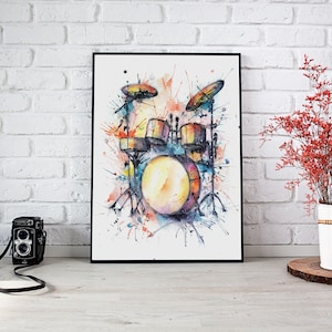 Watercolor Drum Set Print – Musical Instrument Wall Art, Digital Download, Drummer Gift
