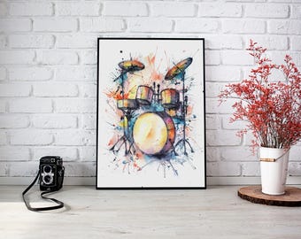Watercolor Drum Set Print – Musical Instrument Wall Art, Digital Download, Drummer Gift