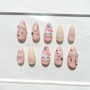 Uñas postizas kawaii lindas / Uñas postizas hechas a mano / Uñas pintadas a mano personalizadas / Estilo Y2K / Uñas rosas para niñas / Inspiradas en gatitos