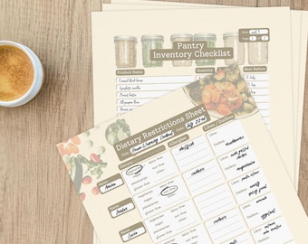 週間食事プランナーバンドル、イラスト付きPDF、在庫管理食料品リスト