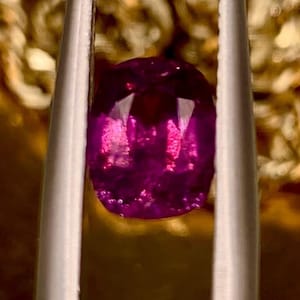 May include: A vibrant, oval-cut gemstone, held by silver tweezers. The gem is a deep magenta color, reflecting light with brilliant facets. The background is a blurred, golden hue, suggesting a jewelry setting or display.