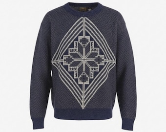 Sweter vintage z lat 80. Saturdays, rozmiar L, niebieski, abstrakcyjny, geometryczny, 10% wełny