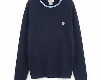 Hollister Vintage Y2K Pullover Herren Groß Blau Gerippter Pullover Rundhalsausschnitt Preppy