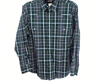 Wrangler Herren XL Grün/Blau Kariert Perlen Snap Westernhemd Vintage