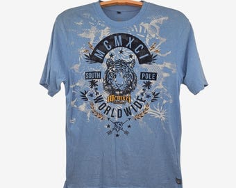 Vintage Southpole Tiger Grafik T-Shirt Blau Y2K Streetwear Herren Größe L