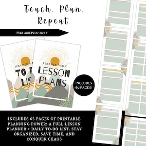 Pode incluir: Planejadores de aulas imprimíveis com o texto "Teach. Plan. Repeat." As capas apresentam um design de sol e as palavras "Lesson Plans" e "To Do List." Inclui 65 páginas de planejamento.