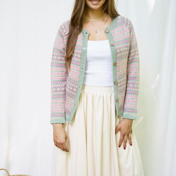 Handmade Lambswool Fair Isle Cardigan: Pink & Green Knit