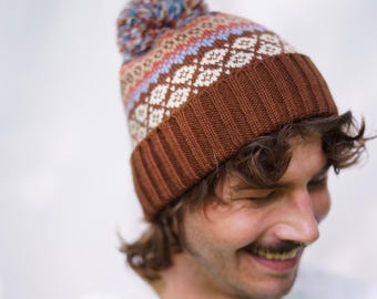 Gorro de lana de cordero hecho a mano: gorro de invierno de punto Fair Isle nórdico
