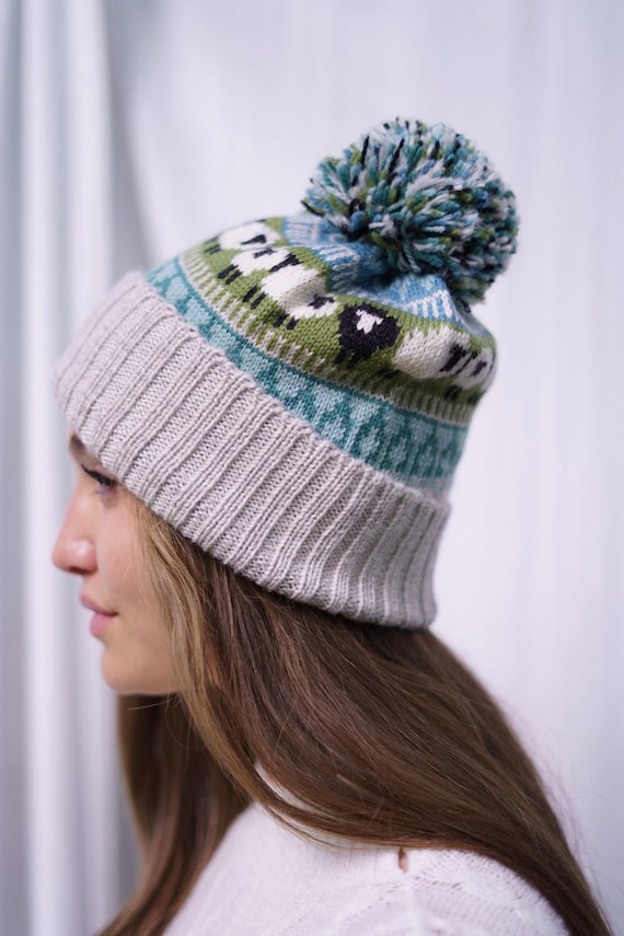 100% Lambswool Pom-Pom Hat | Nordic Fair Isle Knit Winter Beanie | Black Sheep design