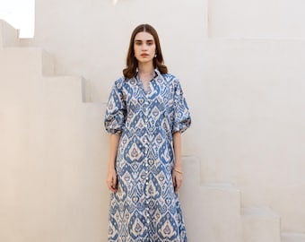 Hand Block Printed Organic Cotton Midi Dress: Green Floral Summer Dress