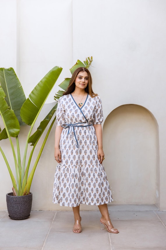 Hand Block Printed Organic Cotton Midi Dress: Wrap Neckline
