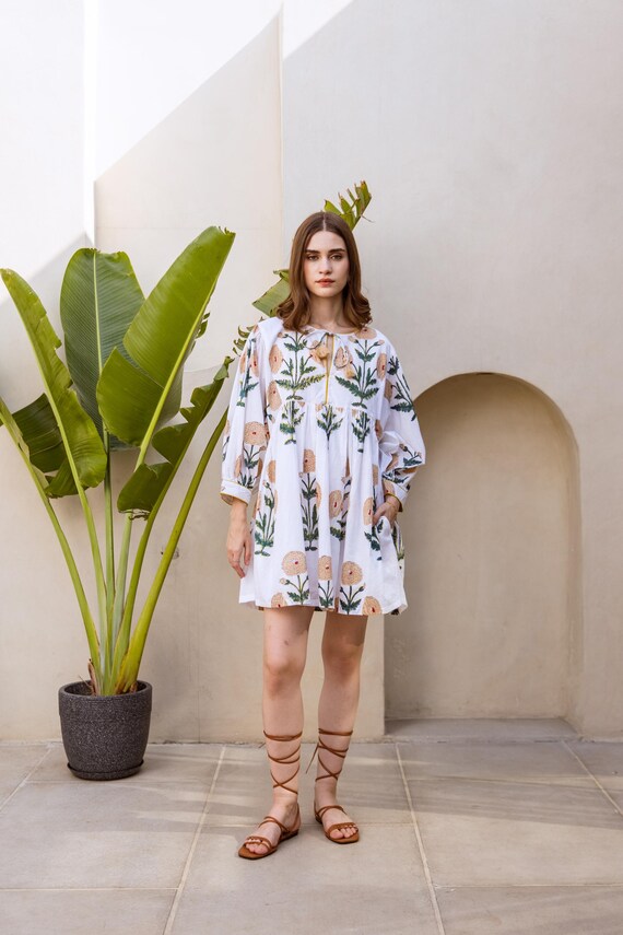 organic mini dress Hand Block Printed Organic Cotton Mini Dress: Floral Summer Vacation Dress