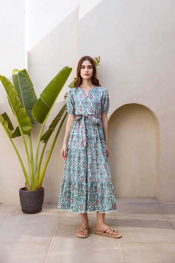 organic cotton summer dress Hand Block Printed Maxi Dress: Teal Green LUOGENLI Cute Summer Dresses Size:25.5cm NPU-Dorie-202628 Broderie dress Drying on the left