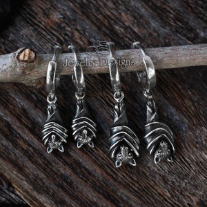 Sterling Hanging Bat Huggie Earrings - Silver Bat Hoops, Halloween, Bat Drop Earrings, Huggable Bat Earrings, Halloween, Sterling Bat