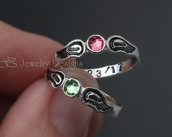 ANGEL WINGS RING - angel baby ring, angel babies, in memoriam, loss of loved one. angel ring, angel birthstone ring, hand stamped angel