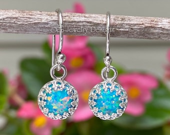 Sterling Silver Opal Drop Earrings - Gallery Bezel, October Birthstone