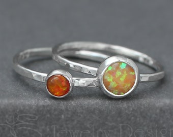 Opal Ring Set - 2 Opals, Sterling Silver Opal Rings, Stacking Ring, Opal Jewelry, Thin Opal Ring, October Birthday, 4mm Opal, 6mm Opal