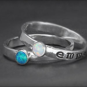 Hand Stamped Opal Ring Stacking Name Rings, Birthstone Name Rings, Personalized Opal Rings, Mothers Opal Rings, Stackable Name Rings, Opal image 1