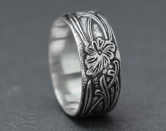 Art Nouveau Wide Band - Wide Wedding Ring, Sterling Silver, Floral Pattern Ring, Vine Band, Wide Silver Band, Sterling Pattern Band, Rings