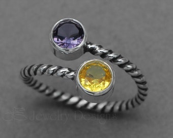Twisted Dual Birthstone Ring - dual opal ring, mother's ring, birthstone ring, two birthstones, dual gemstone ring, sterling silver, rope