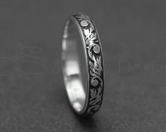 Sterling Floral Pattern Band - Silver Wedding Ring, Scroll, Leaves, Vines Pattern Band, Floral Pattern Band, Unisex Wedding Rings, Flower