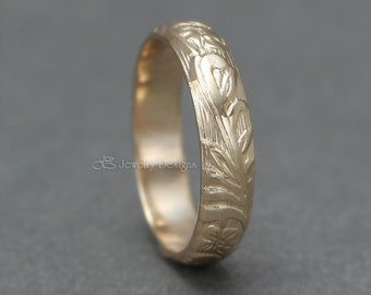 Gold Wedding Band - Gold Floral Band, Gold Flower Ring, Unisex Wedding Band, Gold Wedding Rings, 14k gold, 14k gold filled, Gold Pattern