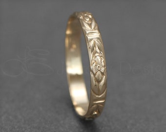 14k Gold Floral Band - Gold Wedding Band, Gold Flower Ring, Unisex Wedding Rings, Gold Pattern Band, Floral Pattern Ring, Skinny Gold Ring