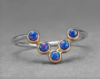 Opal Chevron Ring - Multi Opal Ring, Sterling Opal Ring, 14k Gold Opal Ring, Mixed Metal Opal Ring, V Shaped Ring, October Birthday, 5 Stone