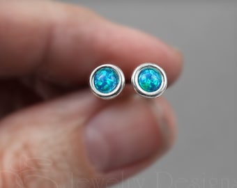 6mm Synthetic Opal Sterling Silver Stud Earrings - Colorful Opal