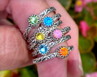 Gallery Set Birthstone Ring - Sterling Silver Birthstone or Opal Ring, Pattern Band, Artisan Birthstone Ring, Mothers Ring, Stacking Rings