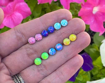 6mm Titanium Opal Studs - Hypoallergenic Opal Earrings, Opal Studs, October Birthday, Colorful Opal Earrings, Small Opal Stud Earrings