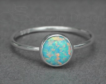 Silver Opal Stacking Ring - 8mm Opal Ring, Silver Opal Ring, Thin Sterling Opal Ring, Opal Jewelry, October Birthday, Gifts for Mom, Opals