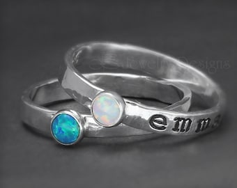 Hand Stamped Opal Ring - Stacking Name Rings, Birthstone Name Rings, Personalized Opal Rings, Mothers Opal Rings, Stackable Name Rings, Opal