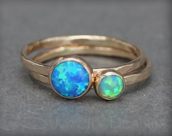 Opal Ring Set - 2 Opals, Sterling Silver Opal Rings, Stacking Ring, Opal Jewelry, Thin Opal Ring, October Birthday, 4mm & 6mm Opals