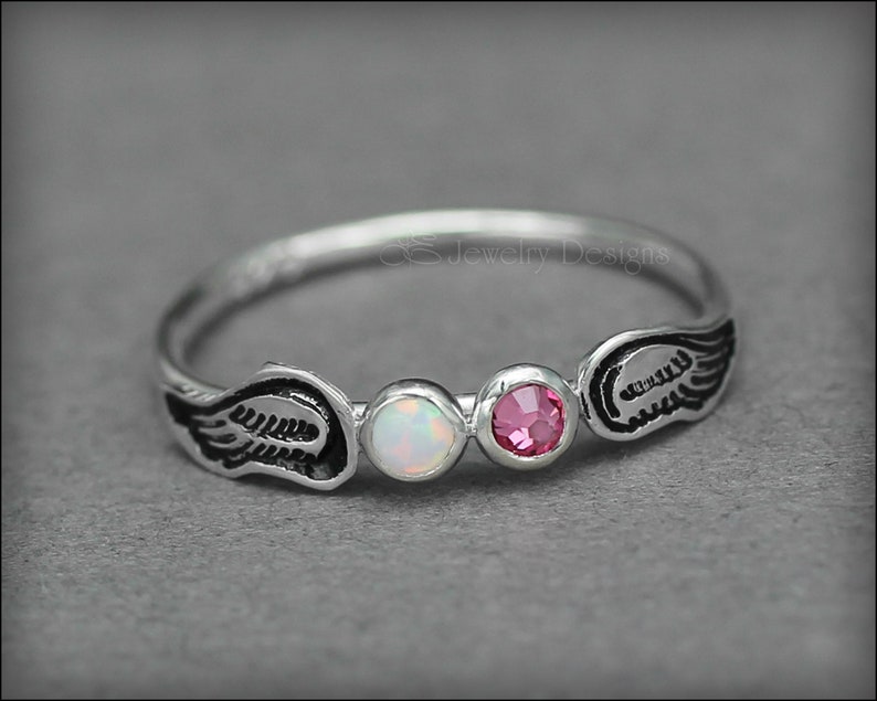 Angel Wings Ring Twin Angel Babies, Angel Baby Ring, In Memoriam, Loss of a Loved One, Double Birthstone Angel Ring, Opal Angel Wings Ring image 7