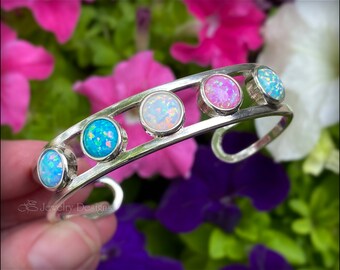 5 Stone Opal Cuff Bracelet - Multi Stone Opal Bracelet, Sterling Silver Opal Cuff Bracelet, October Birthstone Jewelry, 8mm Opal Bracelet