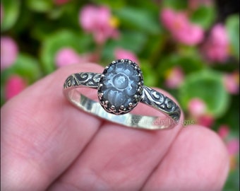 Sterling Carved Grey Moonstone Ring - Floral Moonstone Ring, Sterling Silver Moonstone Ring, Pattern Band, Dainty Oval Moonstone Ring