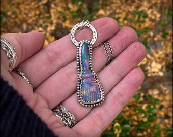 Aurora Opal Witch's Broom Necklace - Sterling Silver Pendant, Artisan Jewelry