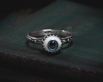 Size 7 - Sterling Silver Blue Glass Eye Ring - Novelty Doll Eye Jewelry