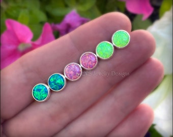 Sterling Silver Opal Stud Earrings - 8mm Round, Synthetic Opal