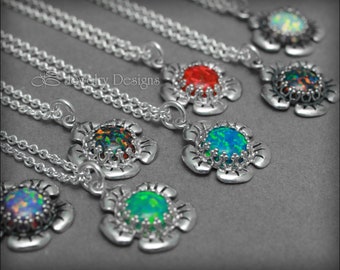 Opal Flower Necklace - Opal Flower Pendant, Sterling Opal Necklace, Silver Opal Pendant, October Birthstone, Silver Flower Drop Necklace