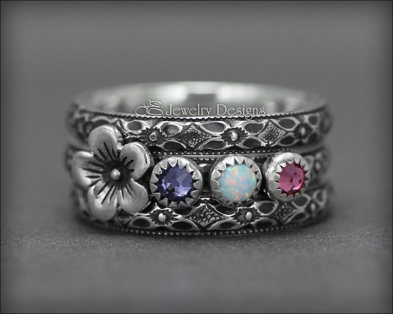 Set med flera födelsestenar - Ring med blommande födelsesten, flerstenar, unik ring för mor, ringar med flera opaler, presenter till mamma, blommig sterling silverring bild 10