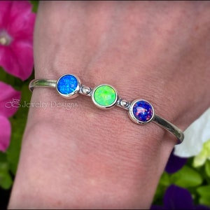 Skinny 3-Stone Opal Cuff Bracelet Multi Stone Opal Bracelet, Sterling Silver Opal Cuff Bracelet, October Birthstone Jewelry, 8mm Opal image 4