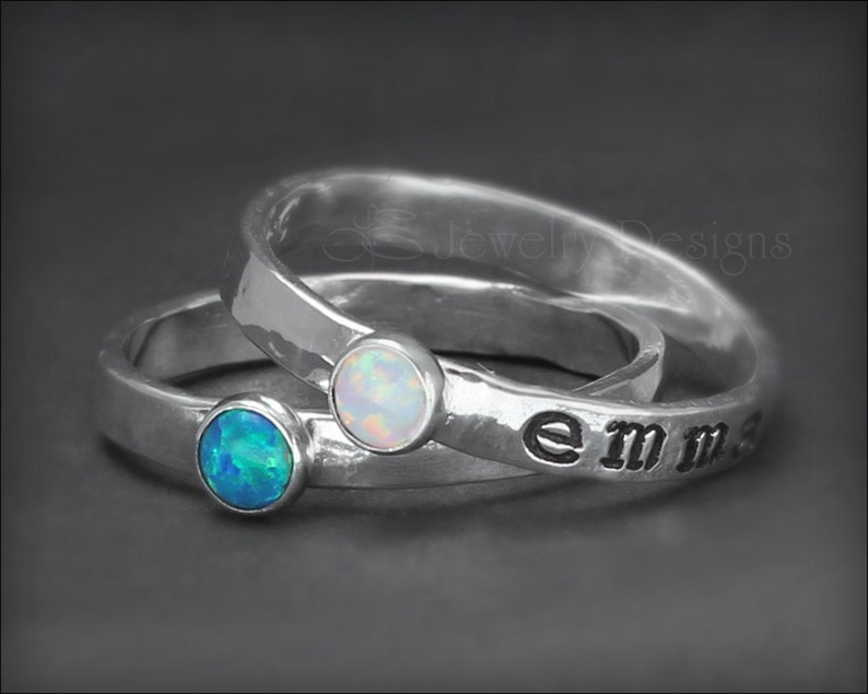 Hand Stamped Opal Ring Stacking Name Rings, Birthstone Name Rings, Personalized Opal Rings, Mothers Opal Rings, Stackable Name Rings, Opal image 1