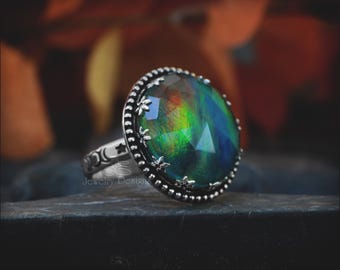 Size 9 - Sterling Silver Aurora Opal Celestial Ring - Colorful Statement Ring