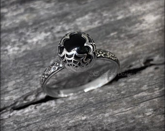 Sterling Spider Web Onyx Ring - Silver Web Bezel, Pattern Band, Halloween Spooky Jewelry, Unique Artisan Handcrafted, Black Onyx Ring