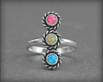 Multi Opal Ring - 3 Stone, 3 Opals, Multi Stone Ring, Silver Birthstone Ring, Unique Mothers Ring, Silver Opal Rings, Multi Birthstone Ring