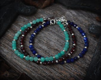 Dainty Beaded Gemstone Bracelet - Sterling Silver, 4mm Micro Faceted, Stackable Gemstone Bracelet, Natural Gemstones, Single Strand