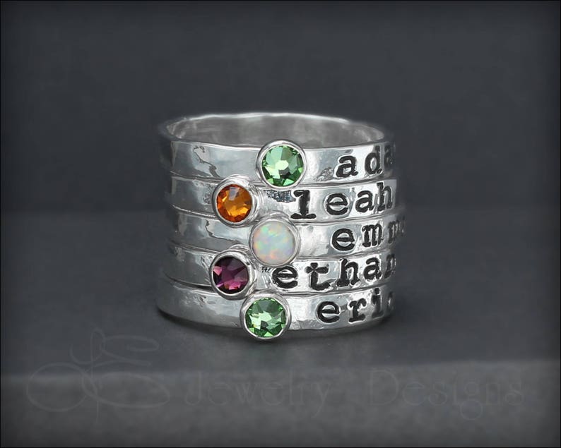 Hand Stamped Opal Ring Stacking Name Rings, Birthstone Name Rings, Personalized Opal Rings, Mothers Opal Rings, Stackable Name Rings, Opal image 2