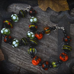 Halloween Lampwork Beaded Bracelet - Sterling Silver, Onyx Beads, Pumpkin, Spider, Adjustable, Green, Black, Orange, Halloween Jewelry